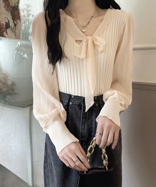 Miniministore(ミニミニストア)の「プリーツ リブニット トップス 異素材(シャツ/ブラウス・レディース・ベージュ/ホワイト/ブラック・FREE)」の10枚目の写真