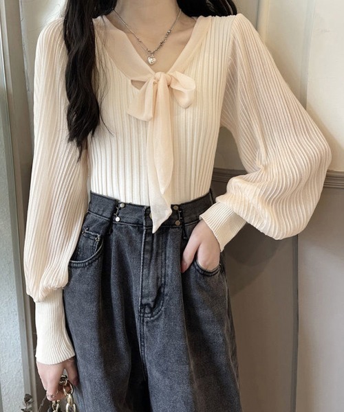 Miniministore(ミニミニストア)の「プリーツ リブニット トップス 異素材(シャツ/ブラウス・レディース・ベージュ/ホワイト/ブラック・FREE)」の11枚目の写真