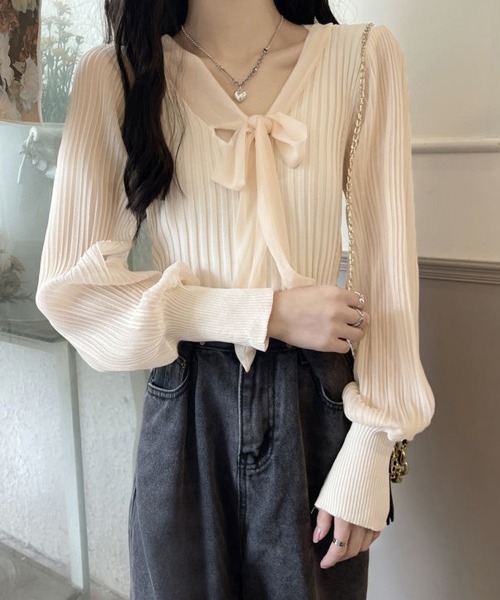 Miniministore(ミニミニストア)の「プリーツ リブニット トップス 異素材(シャツ/ブラウス・レディース・ベージュ/ホワイト/ブラック・FREE)」の12枚目の写真