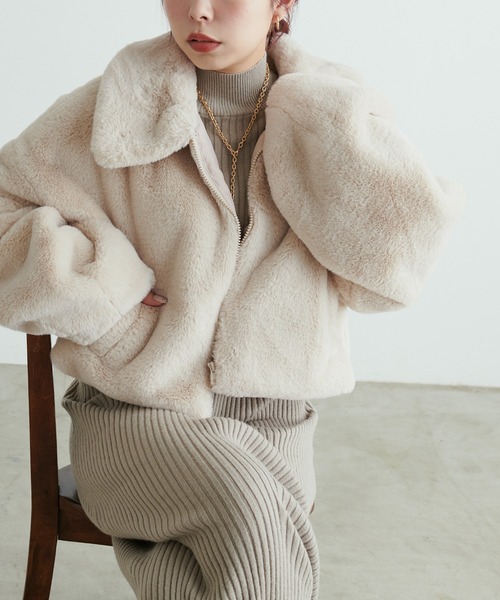 natural couture(ナチュラルクチュール)の「Web限定 /【プチナチュ】ステンカラーフェイクファージャケット(その他アウター・レディース・モカ/グレイッシュベージュ/アイボリー・FREE)」の3枚目の写真