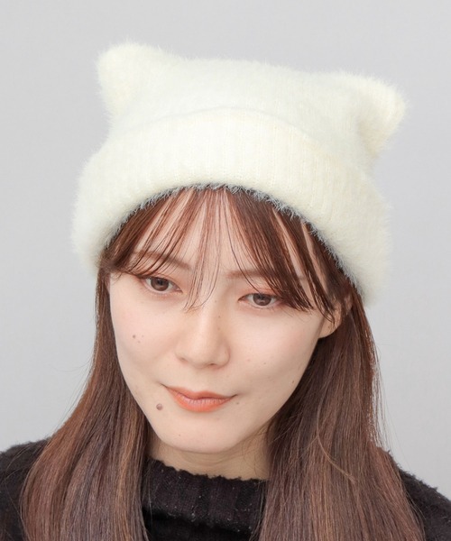 A.M.S.（エーエムエス）の「シャギーニット キャットイヤー ワッチ（ニットキャップ/ビーニー・レディース・ブラック/ホワイト/ブラウン・FREE）」の4枚目の写真