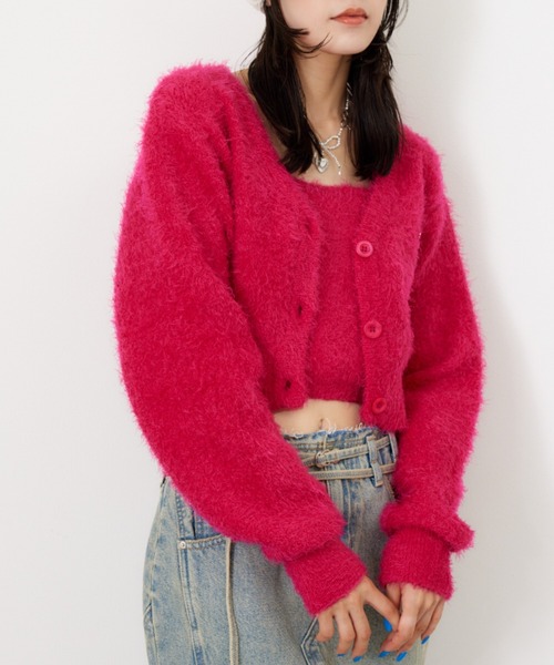 SLY（スライ）の「SHAGGY V/N CROP CD シャギー ヴイネック クロップ カーディガン / セットアップ可（カーディガン/ボレロ・レディース・ブラック/アイボリー/ピンク/グレー・FREE）」の17枚目の写真