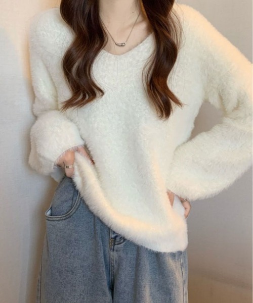 kirakiraShop(キラキラショップ)の「Vネック シャギー ニット プルオーバー(ニット/セーター・レディース・ホワイト/ピンク/ライトピンク/ベージュ・FREE)」の20枚目の写真