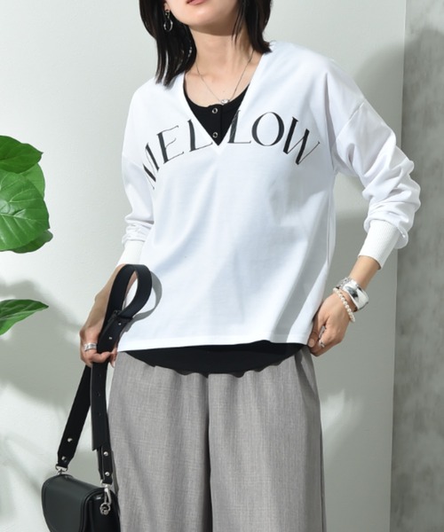 INTERPLANET(インタープラネット)の「ポンチローマ深Vロゴプリントプルオーバー(Tシャツ/カットソー・レディース・オフホワイト/アイボリー/グレー・FREE)」の3枚目の写真