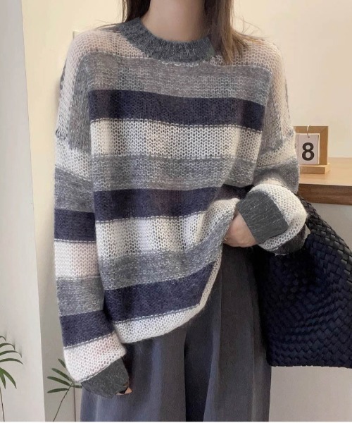 AMELY(エミリー)の「メランジボーダーニットプルオーバー(ニット/セーター・レディース・ネイビー/パープル/ブラック・フリー)」の1枚目の写真
