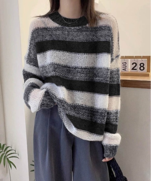 AMELY(エミリー)の「メランジボーダーニットプルオーバー(ニット/セーター・レディース・ネイビー/パープル/ブラック・フリー)」の2枚目の写真