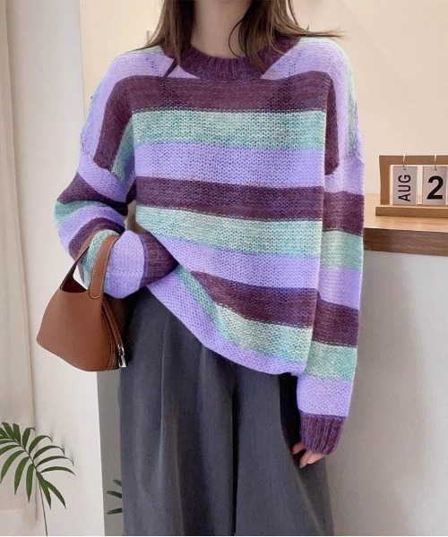AMELY(エミリー)の「メランジボーダーニットプルオーバー(ニット/セーター・レディース・ネイビー/パープル/ブラック・フリー)」の6枚目の写真