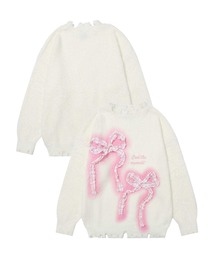 【HOOK】for girls チェック柄リボン付きダメージニット