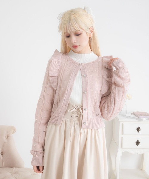 DearMyLoveRose(ディアマイラブローズ)の「ビジューボタンフリルカーディガン(カーディガン/ボレロ・レディース・オフホワイト/ベビーピンク/ブルーグレー/ブラック・LL~3L/L~LL/M-L)」の7枚目の写真