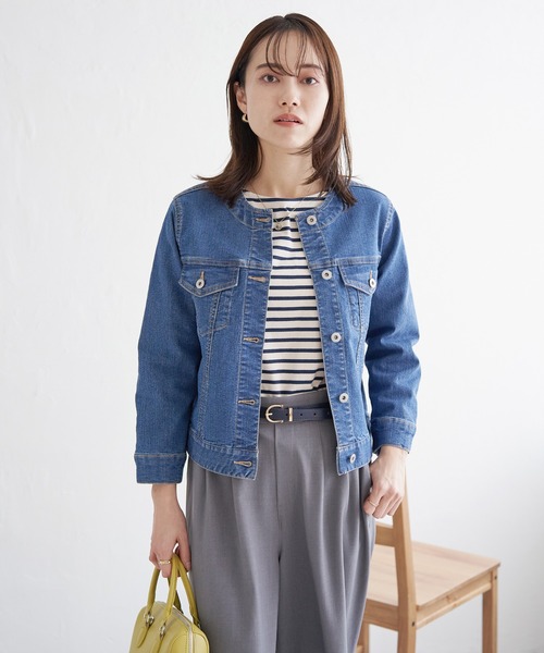 ikka（イッカ）の「【雑誌InRed4月号掲載】ストレッチノーカラーGジャン【親子コーデ】（デニムジャケット・レディース・ネイビー/ブラック/ブルー・M/L/S）」の15枚目の写真