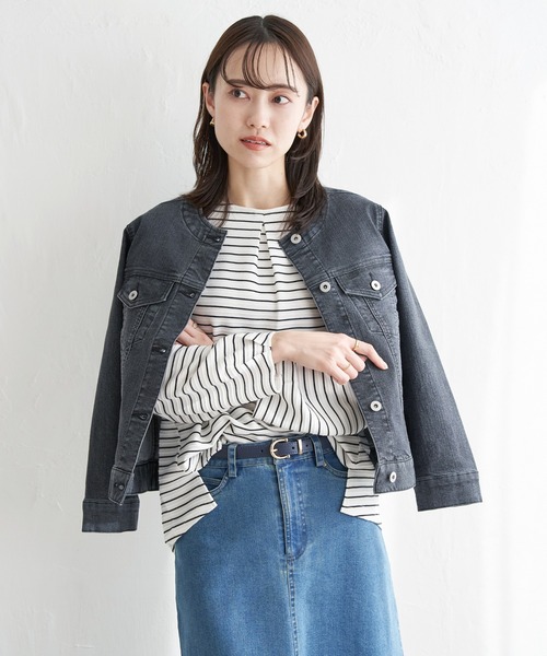 ikka（イッカ）の「【雑誌InRed4月号掲載】ストレッチノーカラーGジャン【親子コーデ】（デニムジャケット・レディース・ネイビー/ブラック/ブルー・M/L/S）」の6枚目の写真