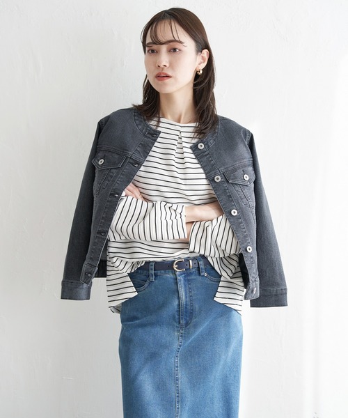 ikka（イッカ）の「【雑誌InRed4月号掲載】ストレッチノーカラーGジャン【親子コーデ】（デニムジャケット・レディース・ネイビー/ブラック/ブルー・M/L/S）」の7枚目の写真