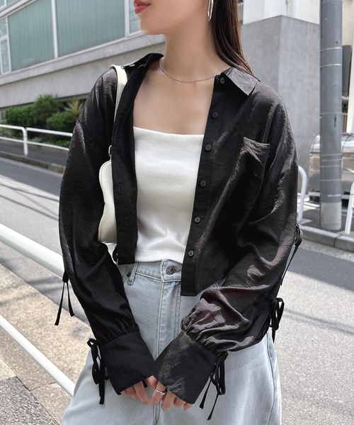 Freesia by andme(フリージアバイアンドミー)の「シアー袖スリットリボンショート丈シャツブラウス(シャツ/ブラウス・レディース・イエロー/ベージュ/ブラック/アイボリー/ライトピンク・M)」の3枚目の写真