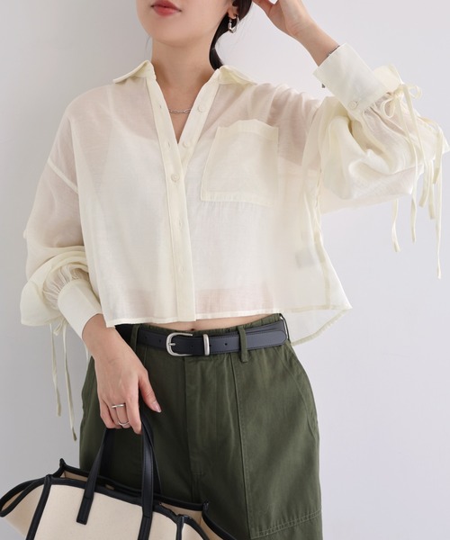 Freesia by andme(フリージアバイアンドミー)の「シアー袖スリットリボンショート丈シャツブラウス(シャツ/ブラウス・レディース・イエロー/ベージュ/ブラック/アイボリー/ライトピンク・M)」の9枚目の写真