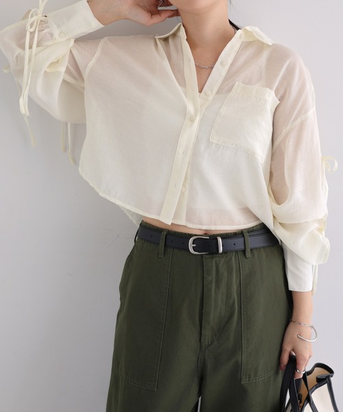 Freesia by andme(フリージアバイアンドミー)の「シアー袖スリットリボンショート丈シャツブラウス(シャツ/ブラウス・レディース・イエロー/ベージュ/ブラック/アイボリー/ライトピンク・M)」の11枚目の写真