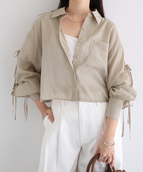 Freesia by andme(フリージアバイアンドミー)の「シアー袖スリットリボンショート丈シャツブラウス(シャツ/ブラウス・レディース・イエロー/ベージュ/ブラック/アイボリー/ライトピンク・M)」の13枚目の写真