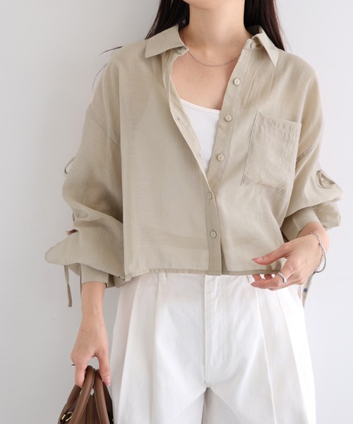 Freesia by andme(フリージアバイアンドミー)の「シアー袖スリットリボンショート丈シャツブラウス(シャツ/ブラウス・レディース・イエロー/ベージュ/ブラック/アイボリー/ライトピンク・M)」の14枚目の写真