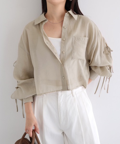 Freesia by andme(フリージアバイアンドミー)の「シアー袖スリットリボンショート丈シャツブラウス(シャツ/ブラウス・レディース・イエロー/ベージュ/ブラック/アイボリー/ライトピンク・M)」の15枚目の写真