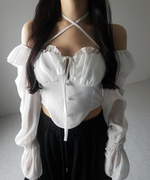 【 2color / 2WAY 】フロントリボンクロスネックオフショルシフォンブラウス / front ribbon cross neck off-shoulder chiffon blouse