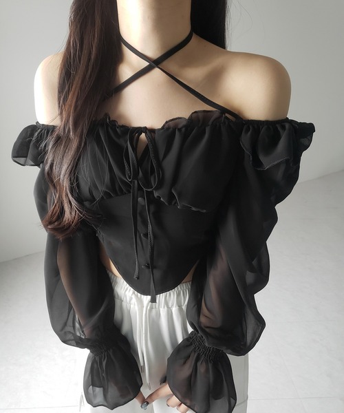 me+em select（ミームセレクト）の「【 ２color ／ ２WAY 】フロントリボンクロスネックオフショルシフォンブラウス ／ front ribbon cross neck off-shoulder chiffon blouse（シャツ/ブラウス・レディース・ホワイト/ブラック・FREE）」の18枚目の写真