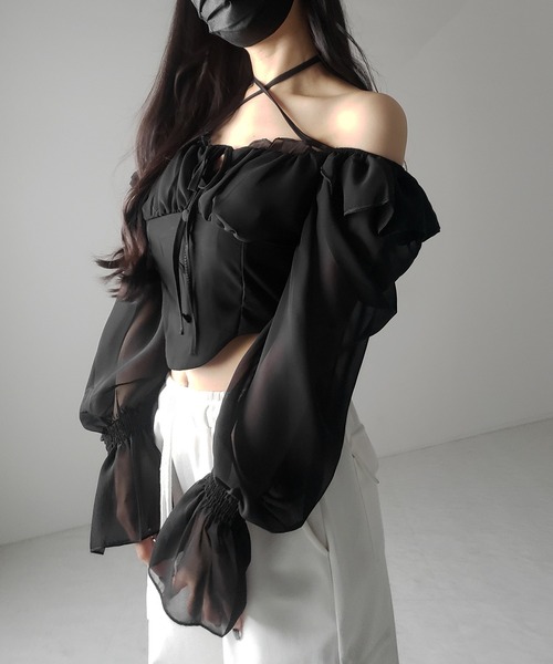 me+em select（ミームセレクト）の「【 ２color ／ ２WAY 】フロントリボンクロスネックオフショルシフォンブラウス ／ front ribbon cross neck off-shoulder chiffon blouse（シャツ/ブラウス・レディース・ホワイト/ブラック・FREE）」の21枚目の写真