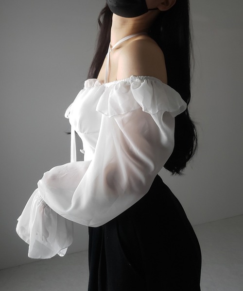 me+em select（ミームセレクト）の「【 ２color ／ ２WAY 】フロントリボンクロスネックオフショルシフォンブラウス ／ front ribbon cross neck off-shoulder chiffon blouse（シャツ/ブラウス・レディース・ホワイト/ブラック・FREE）」の8枚目の写真