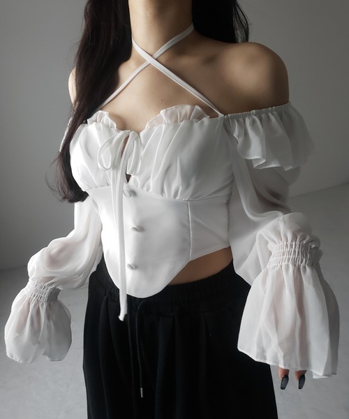 me+em select（ミームセレクト）の「【 ２color ／ ２WAY 】フロントリボンクロスネックオフショルシフォンブラウス ／ front ribbon cross neck off-shoulder chiffon blouse（シャツ/ブラウス・レディース・ホワイト/ブラック・FREE）」の9枚目の写真