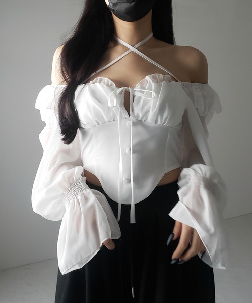 me+em select（ミームセレクト）の「【 ２color ／ ２WAY 】フロントリボンクロスネックオフショルシフォンブラウス ／ front ribbon cross neck off-shoulder chiffon blouse（シャツ/ブラウス・レディース・ホワイト/ブラック・FREE）」の10枚目の写真