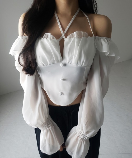 me+em select（ミームセレクト）の「【 ２color ／ ２WAY 】フロントリボンクロスネックオフショルシフォンブラウス ／ front ribbon cross neck off-shoulder chiffon blouse（シャツ/ブラウス・レディース・ホワイト/ブラック・FREE）」の12枚目の写真