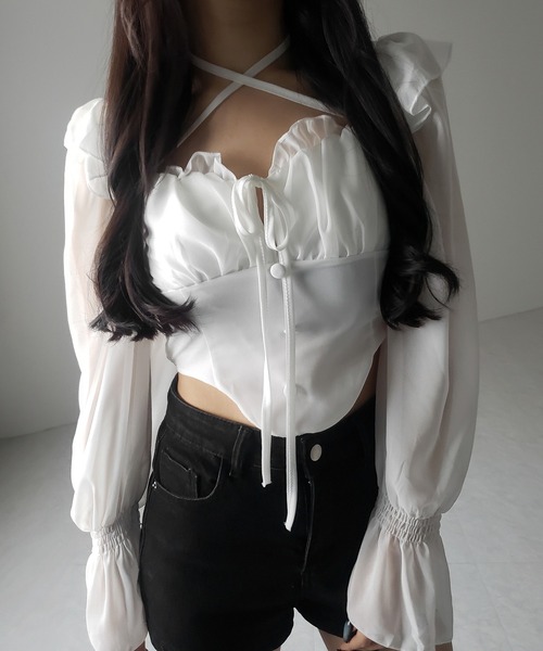 me+em select（ミームセレクト）の「【 ２color ／ ２WAY 】フロントリボンクロスネックオフショルシフォンブラウス ／ front ribbon cross neck off-shoulder chiffon blouse（シャツ/ブラウス・レディース・ホワイト/ブラック・FREE）」の13枚目の写真