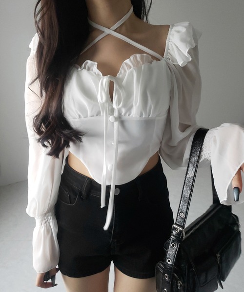 me+em select（ミームセレクト）の「【 ２color ／ ２WAY 】フロントリボンクロスネックオフショルシフォンブラウス ／ front ribbon cross neck off-shoulder chiffon blouse（シャツ/ブラウス・レディース・ホワイト/ブラック・FREE）」の14枚目の写真