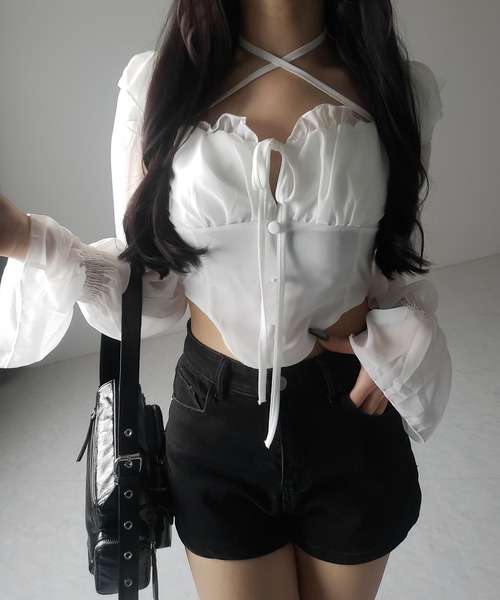 me+em select（ミームセレクト）の「【 ２color ／ ２WAY 】フロントリボンクロスネックオフショルシフォンブラウス ／ front ribbon cross neck off-shoulder chiffon blouse（シャツ/ブラウス・レディース・ホワイト/ブラック・FREE）」の15枚目の写真