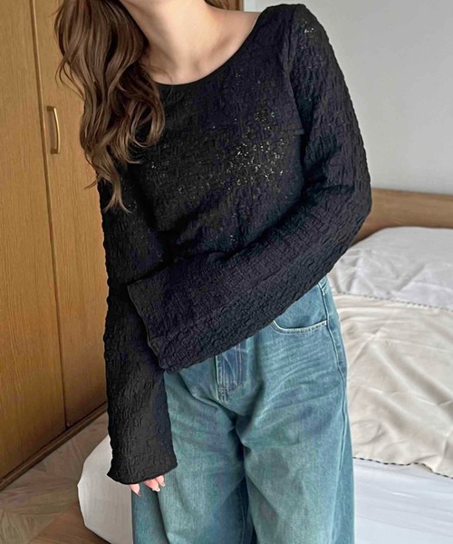 apres jour clair(アプレジュールクレア)の「【apres jour clair】フラワーシアーポコポコトップス【ZOZOTOWN限定アイテム】(Tシャツ/カットソー・レディース・ブラック/アイボリー・X-LARGE/フリー)」の12枚目の写真