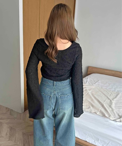 apres jour clair(アプレジュールクレア)の「【apres jour clair】フラワーシアーポコポコトップス【ZOZOTOWN限定アイテム】(Tシャツ/カットソー・レディース・ブラック/アイボリー・X-LARGE/フリー)」の14枚目の写真