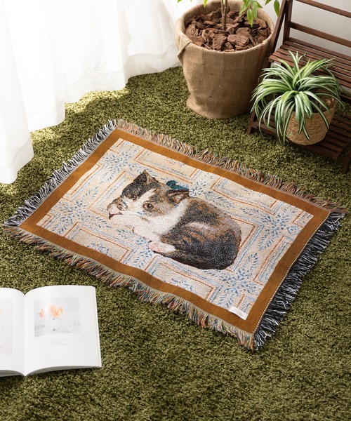 猫柄 ジャガード織 ラグ マット スローケット 50x70cm