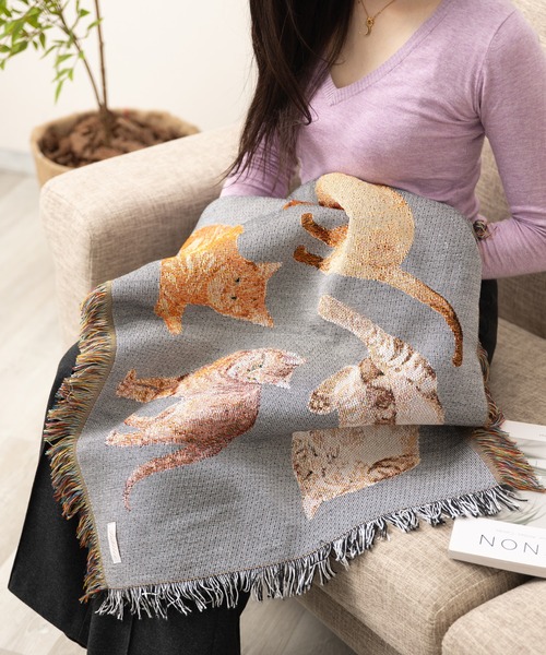 猫柄 ジャガード織 ラグ マット スローケット 50x70cm