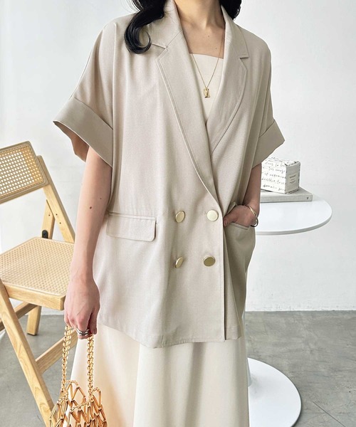 GeeRA（ジーラ）の「リネンライク半袖ダブルシャツジャケット（テーラードジャケット・レディース・ベージュ/ブラック・LARGE/X-LARGE/MEDIUM）」の19枚目の写真