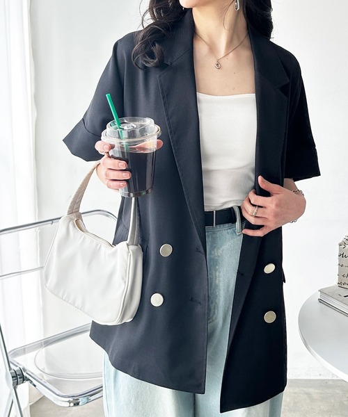 GeeRA（ジーラ）の「リネンライク半袖ダブルシャツジャケット（テーラードジャケット・レディース・ベージュ/ブラック・LARGE/X-LARGE/MEDIUM）」の5枚目の写真