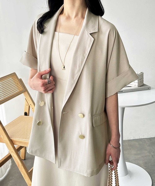 GeeRA（ジーラ）の「リネンライク半袖ダブルシャツジャケット（テーラードジャケット・レディース・ベージュ/ブラック・LARGE/X-LARGE/MEDIUM）」の7枚目の写真