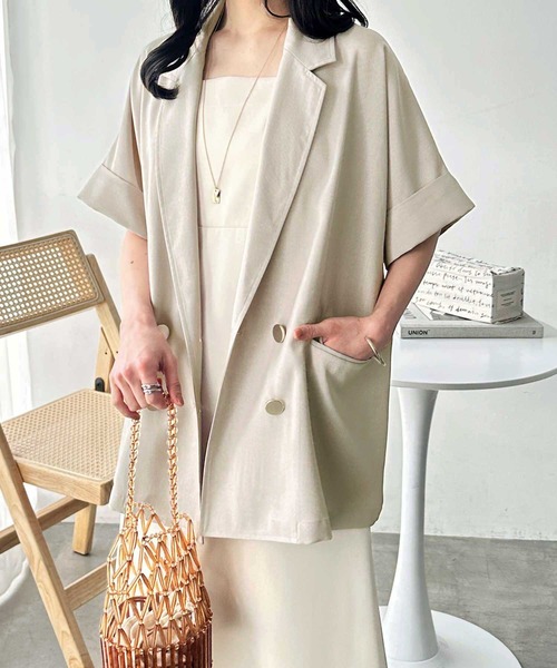 GeeRA（ジーラ）の「リネンライク半袖ダブルシャツジャケット（テーラードジャケット・レディース・ベージュ/ブラック・LARGE/X-LARGE/MEDIUM）」の8枚目の写真