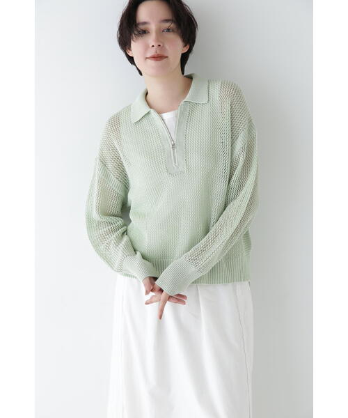 human woman（ヒューマンウーマン）の「◆【ウォッシャブル】テープヤーンメッシュスキッパープルオーバー（ニット/セーター・レディース・ライトグリーン/ネイビー/グレー・MEDIUM）」の4枚目の写真