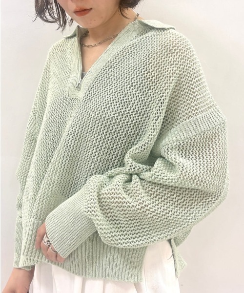 human woman（ヒューマンウーマン）の「◆【ウォッシャブル】テープヤーンメッシュスキッパープルオーバー（ニット/セーター・レディース・ライトグリーン/ネイビー/グレー・MEDIUM）」の15枚目の写真
