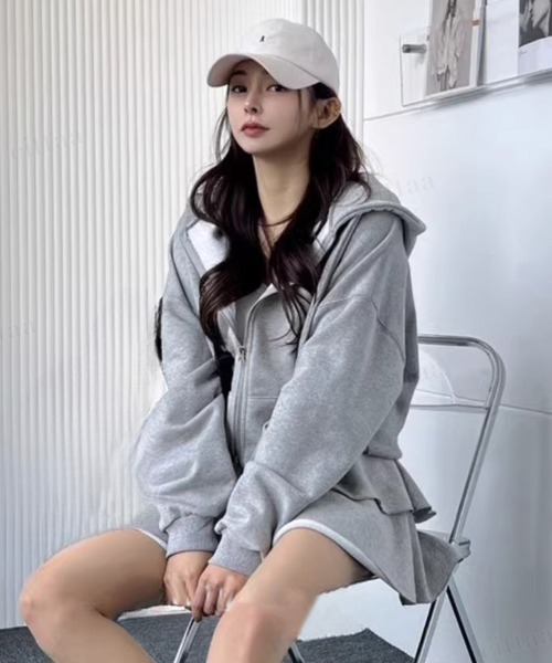 上下2点セット】ダブルジップパーカー×フリルスカートセットアップ