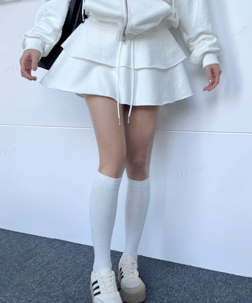 UTAA ゴルフウェア セットアップ パーカー スカート2点セット ホワイト 上下2点セット】ダブルジップパーカー×フリルスカート