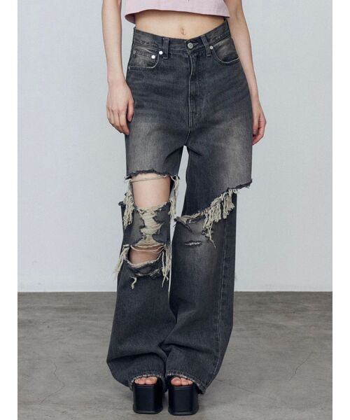 EMODA（エモダ）の「ボールドリップドルーズジーンズ（デニムパンツ・レディース・ブラック/ライトブルー・SMALL/MEDIUM）」の6枚目の写真