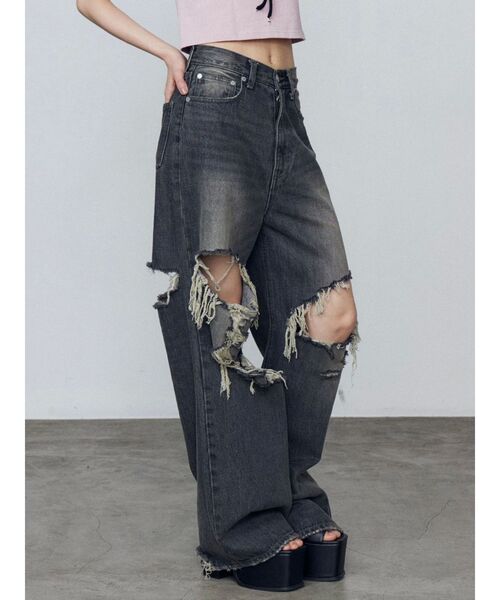 EMODA（エモダ）の「ボールドリップドルーズジーンズ（デニムパンツ・レディース・ブラック/ライトブルー・SMALL/MEDIUM）」の7枚目の写真