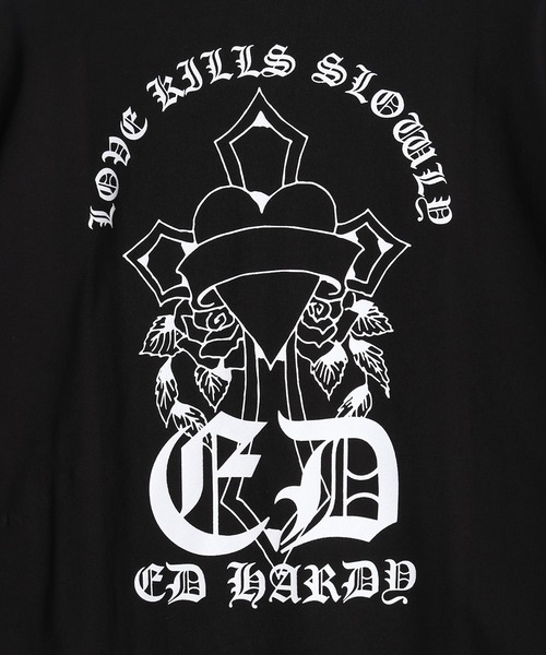 EdHardy バックプリント クロス刺繍×カットオフデザイン 半袖Tシャツ