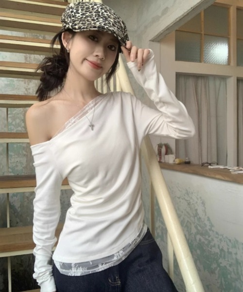 Asymmetry Off Shoulder Lace Tops /アシンメトリー オフ