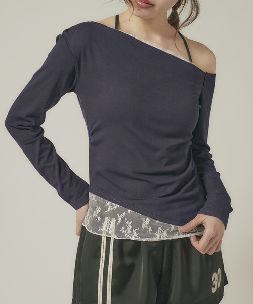 Asymmetry Off Shoulder Lace Tops /アシンメトリー オフ