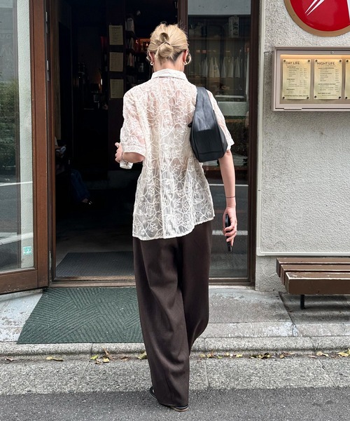 ブラウス シャツ ハーフスリーブレースシアーシャツ レディース feepur（フェピュール）の「ハーフスリーブレースシアーシャツ